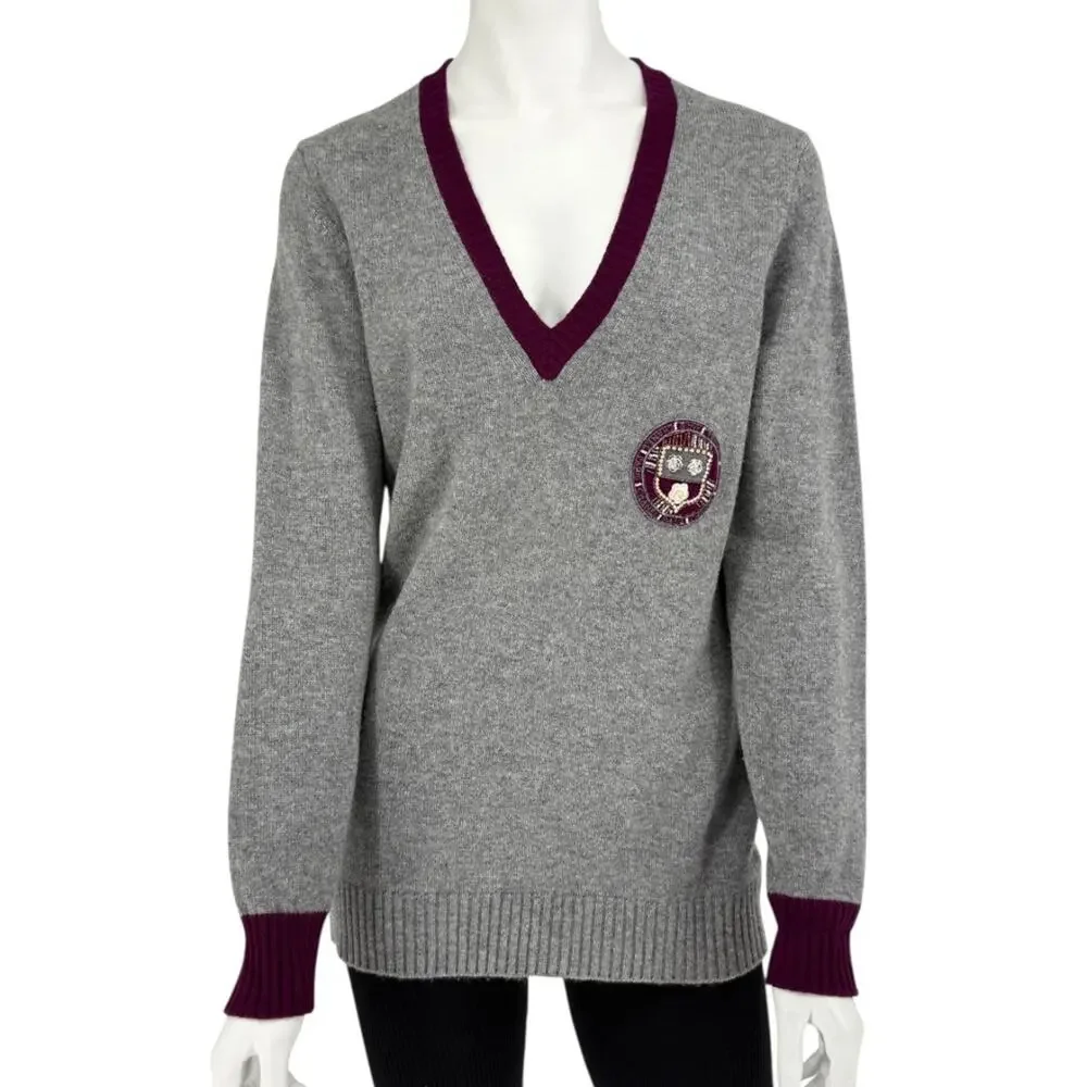 Chanel 2007A Grey and Purple Cashmere Beaded Crest Detail V Neck Sweater